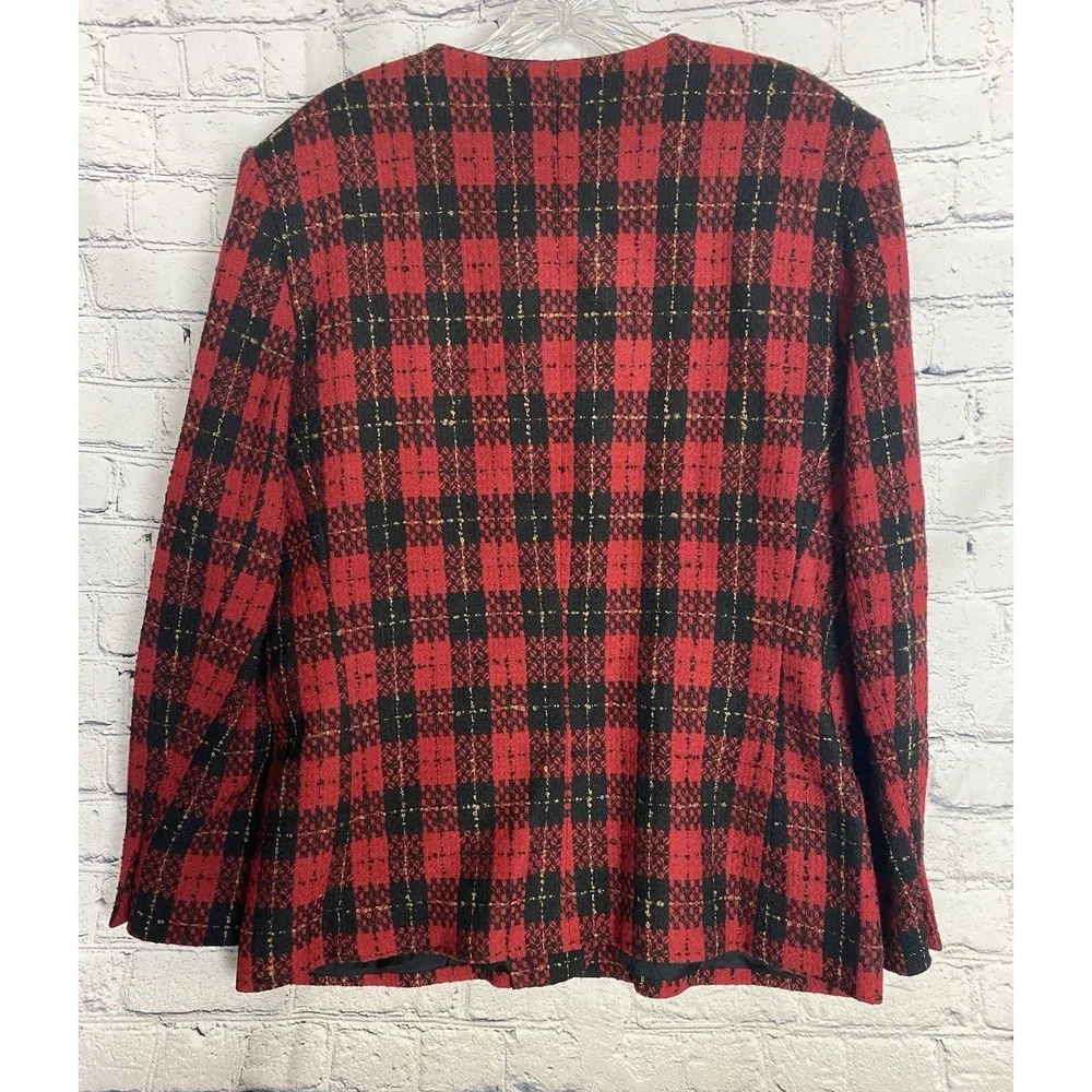 Talbots Petite Vintage Wool Red‎ Black Plaid Blazer Pearl Buttons 14 Clueless